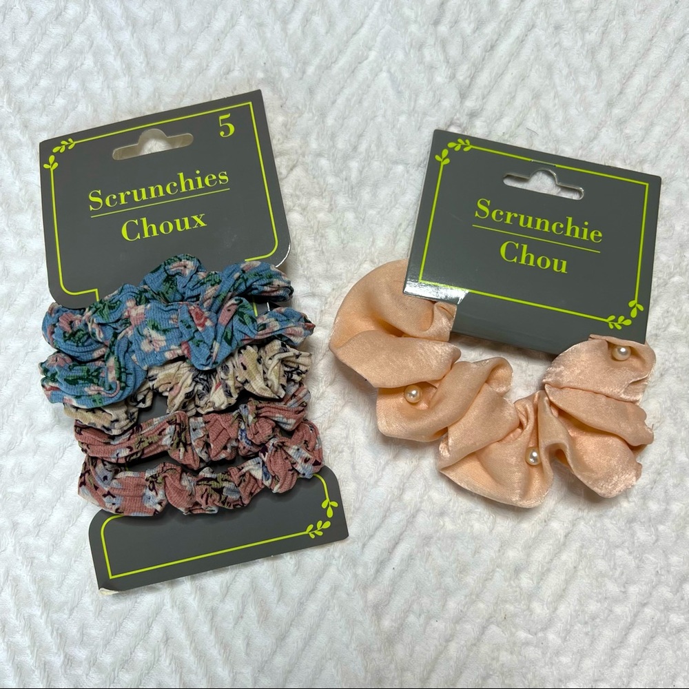 NWT 5 Floral 1 Pearl & Satin Pastel Scrunchie Chou